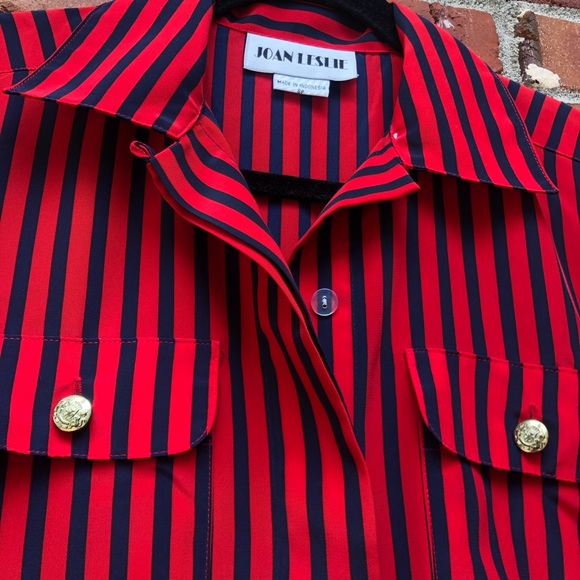 Classy Vintage Joan Leslie Red & Navy Stripped Hidden Button-Down Top - Picture 3 of 8